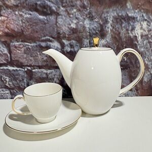 Minh Long I Porcelain White & Gold Trim Inlay coffee/Tea Set For 6 Open Box 14pc